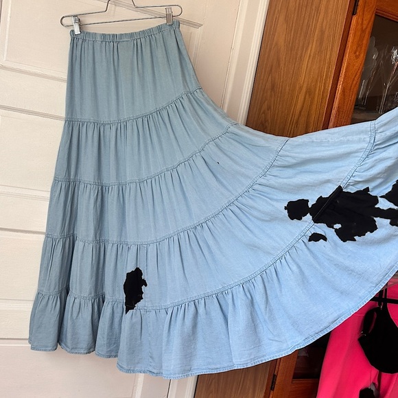 Sky to Moon Tiered Ruffle Maxi Skirt Chambray Graffiti Art Elastic Waist Boho - Picture 5 of 17